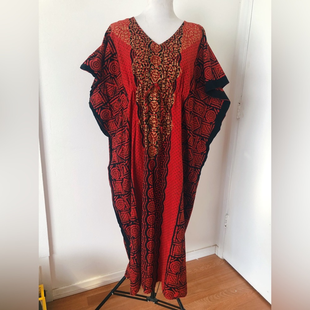 SOLD Vintage 80s 90s Batik Block Print Indian Cotton Kaftan